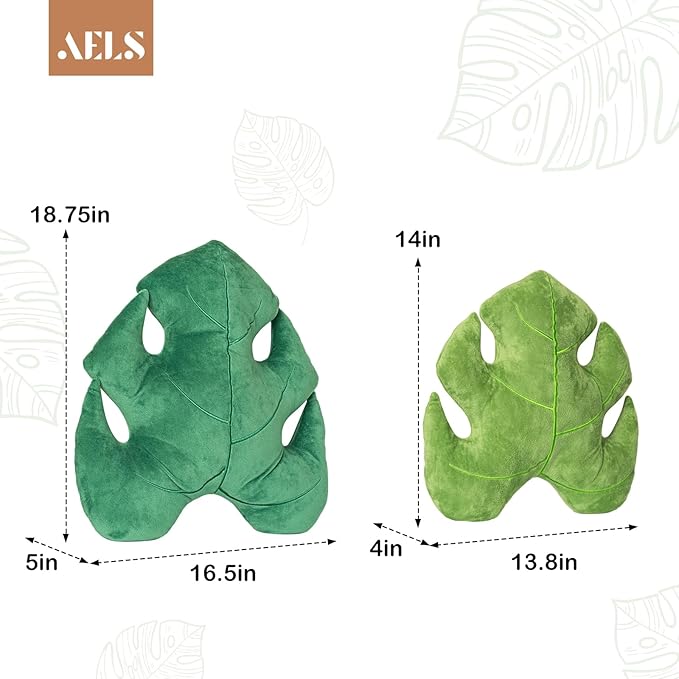 AELS Set of 2 3D Leaves Decorative Throw Pillows, 18"& 14" Monstera Deliciosa Plush Pillow Set for Plant Lovers Garden Lovers, Living Room Bedroom Nursery Decor, Light Green & Dark Green