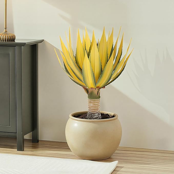 Artificial Green Edged Gold Leaf Spiny Agave Plant with 23 Leaves, 23.62in Faux Agave for Indoor & Outdoor Home Decor Perfect for Porch Living Room Bedroom Patio & Office