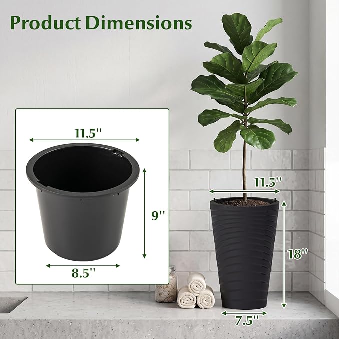 Giantex 18" Tall Flower Pot Set of 2, Modern Decorative Planter Pots w/Insert Bucket, Handle, Drainage Holes, Round Spiral Textured Flower Pots for Outdoor Indoor Garden Patio Front Porch (Black)