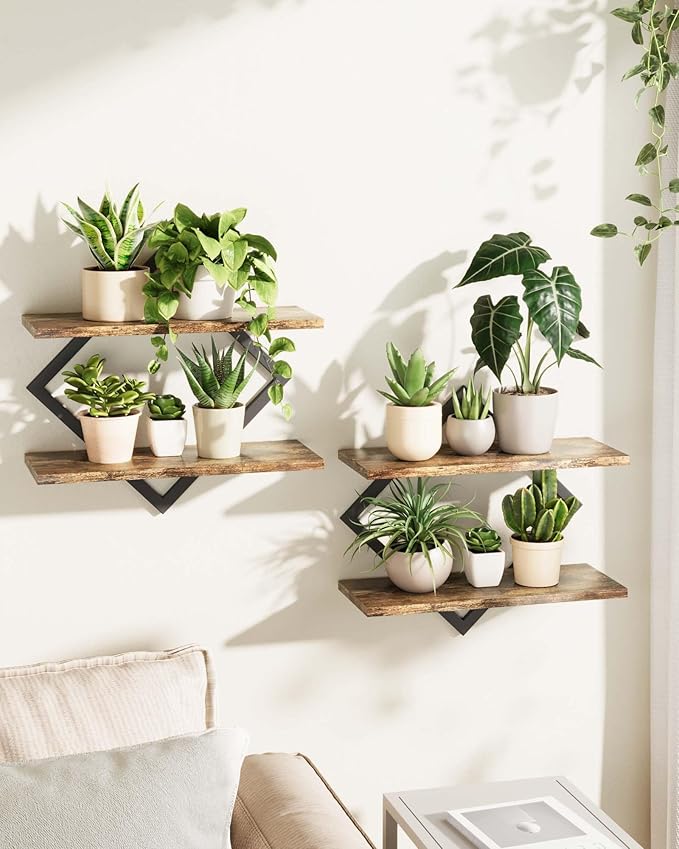 Bamworld Floating Shelves for Wall Planters for Indoor Plants Hanging Shelves Plant Holder Wall Decor Plant Stand Indoor for Plant Hangers Indoor for Living Room Bedroom Bathroom 2-Pack Brown Rhombus