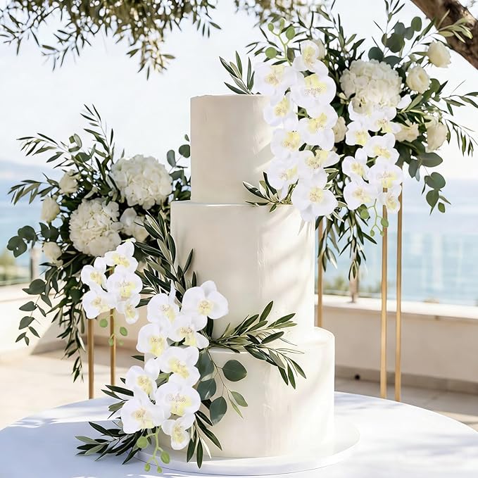 6PCS White Orchids Artificial Flowers 27’’ Silk Faux Orchids Fake Flowers with Stems for Floral Arrangements Home Wedding Dining Table Party Garden Decoration(White)