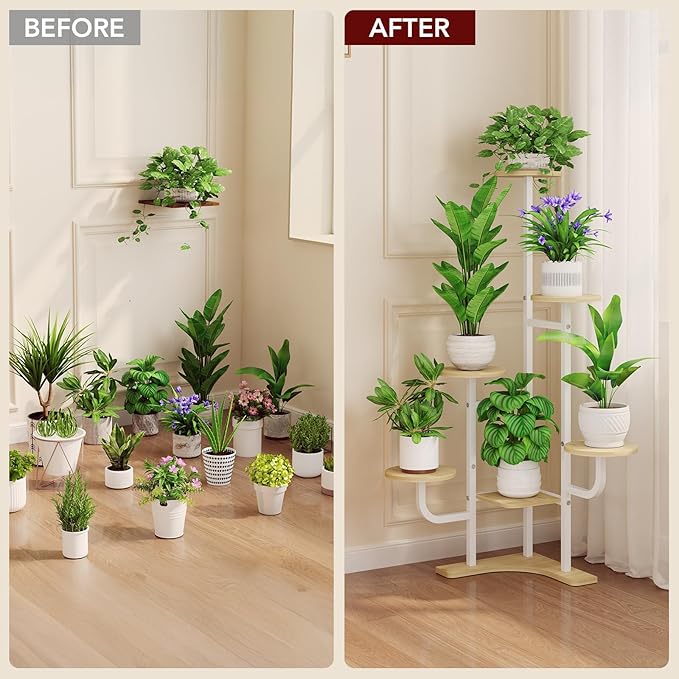 Homsorout Corner Plant Stand with Grow Light - 6 Tier Plant Stand Indoor Round Metal Plant Shelf with Adjustable Light, Plant Organizer for Living Room, Graden, Home Decor (Maple)