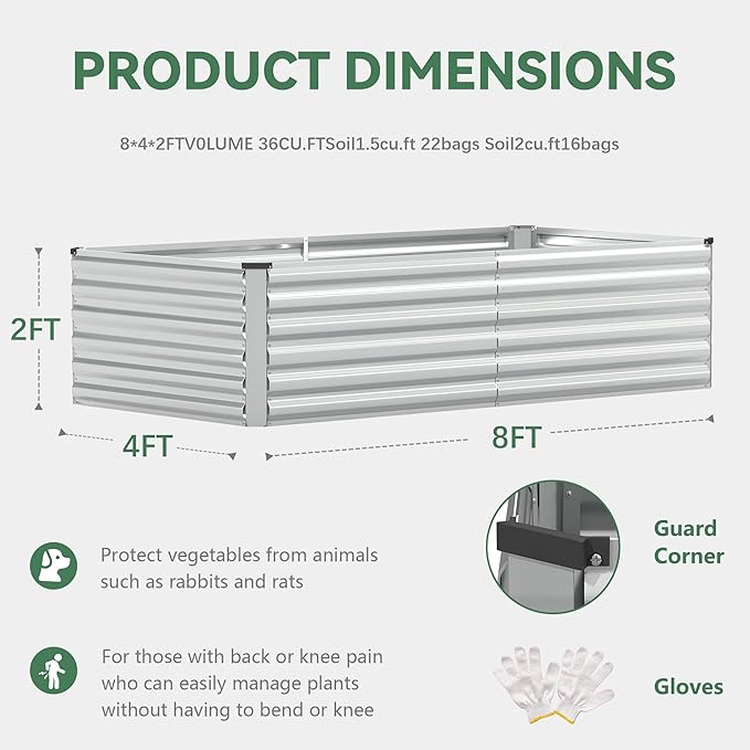 FOOWIN 4pcs 8x4x2ft Galvanized Raised Garden Bed, Planter Raised Garden Boxes Outdoor, Large Metal Raised Beds for Gardening, Garden Bed for Vegetables, Flowers, Herb,478 Gallon Capacity, Silver