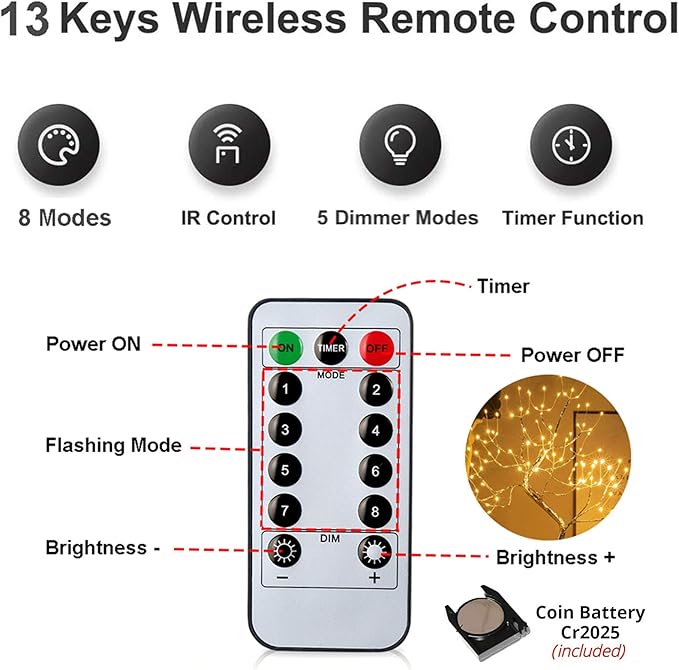 2 Pack 108 LED Sparkly Fairy Spirit Tree Lamp Remote Control, DIY Artificial Tree Lamp, 8 Modes USB/Battery Tabletop Bonsai Tree Light for Bedroom Desktop Christmas Indoor Decor (Warm White)