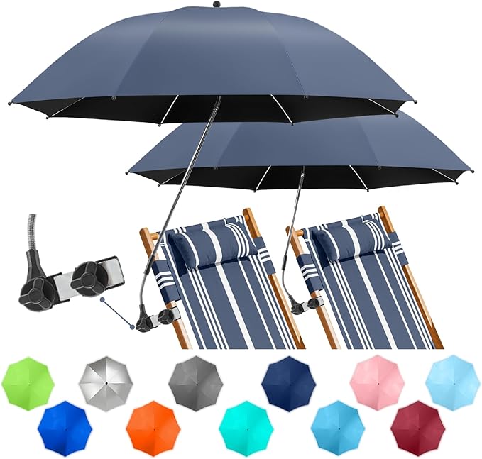2 PACK Beach Umbrella with Clamp, 360 ° Adjustable Umbrellas for Chair, UPF50+ Umbrella for Beach Chair, Patio Chair, Wheelchair, Camping Chair, Golf Carts (Chair Not Included)