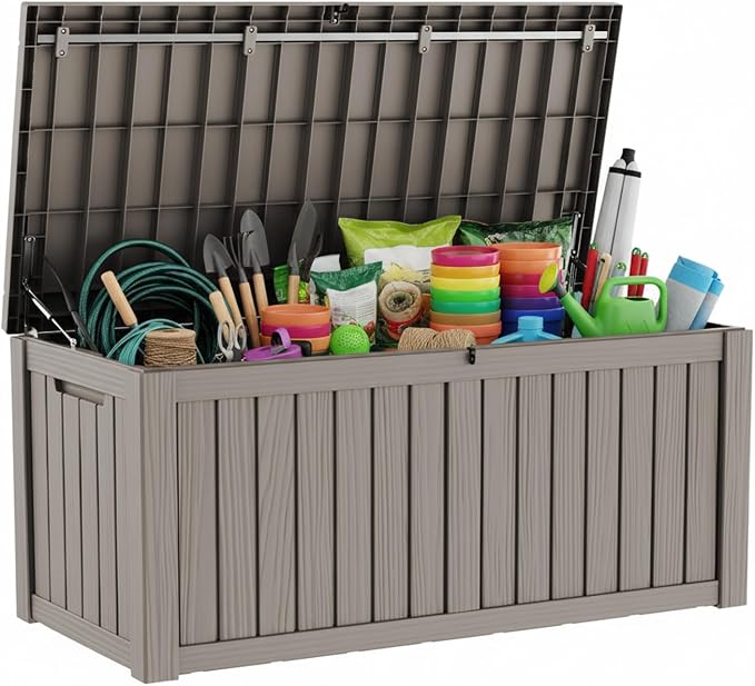 150 Gallon Large Outdoor Storage Box Waterproof, UV Resistant Resin Deck Box with Hydraulic Rod & Lockable Latch for Patio Furniture, Outside Storage Box for Garden Tools, Patio Cushions, Gray