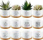 Fumete 12 Pcs Bible Verse Succulent Pots with Tray Drainage, 3 x 2 in Inspirational Mini Ceramic Flower Planter Christian Religious Gifts for Women Men Teacher Guest Staff Church(Scripture Series)