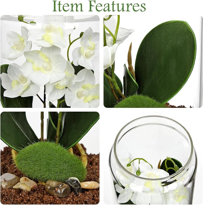 White Orchids Artificial Flowers with Vase, Small Faux Orchid Arrangement Fake Orchids Plant in Terrarium Jar Small White Orchid Centerpieces for Kitchen Dining Room Tables Bathroom Nightstand Decor