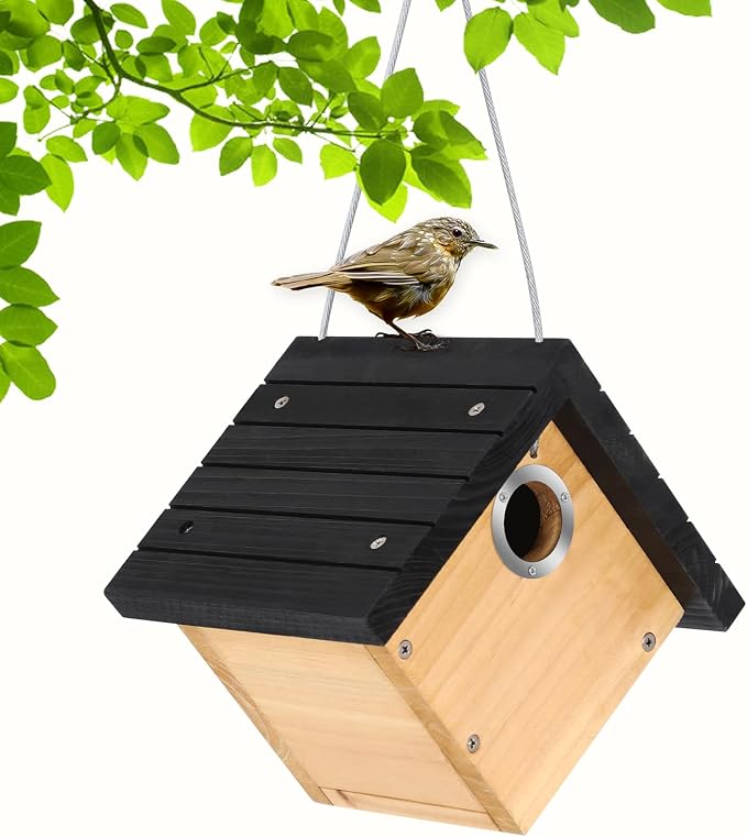 Wren Bird House for Outside, Hanging Wood Nesting Box for House Wrens & Carolina Wrens, 1-1/8" Entrance Hole, Air Vents & Clean-Out Door, Weather-Resistant Birdhouse for Backyard Watching 1 Pack Black