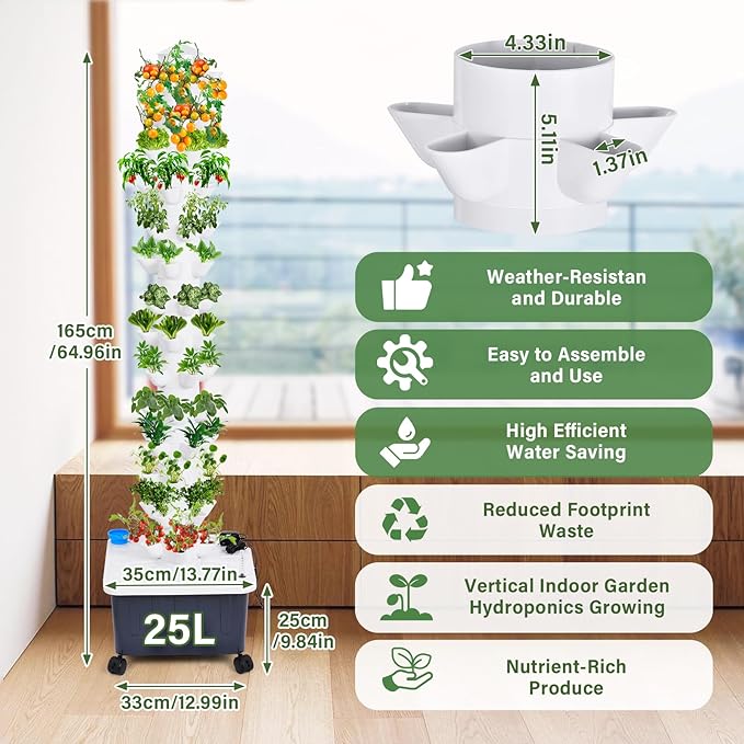 14-Layer 70 Slots Hydroponic Grow Tower Kit, Vertical Indoor Outdoor Growing System with Movable Water Tank, Hydrating Pump, Timer and Adapter for Vegetables, Strawberries, Lettuce