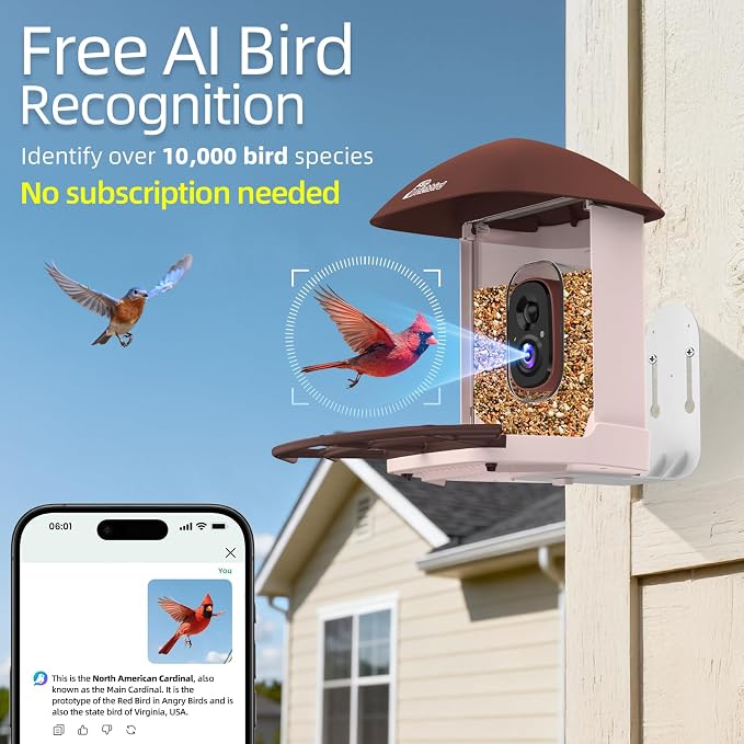 Smart Bird Feeder with Camera Solar Powered, 2.5K HD Birdwatching Camera with Free AI Bird Identification, Instant Notifications & Auto Video Capture, for Dad Granpa Birdlovers, Brown