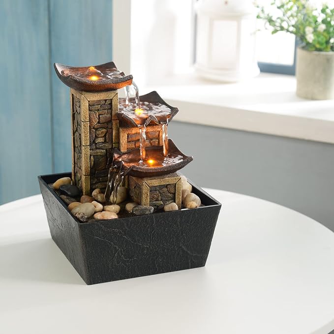 GOSSI Indoor 3-Tier Tabletop Water Fountain with Soothing Sound, Simulation Stone Pillar Design, Natural River Rocks, Reflective Lighting for Meditation and Relaxation