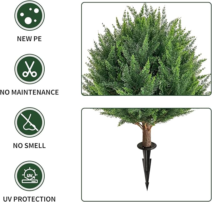 24.5”Artificial Cedar Topiary Ball Tree Set of 2 with Ground Spikes, UV Resistant Artificial Bushes Fake Plants for Home Front Door Offices