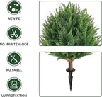 24.5”Artificial Cedar Topiary Ball Tree Set of 2 with Ground Spikes, UV Resistant Artificial Bushes Fake Plants for Home Front Door Offices