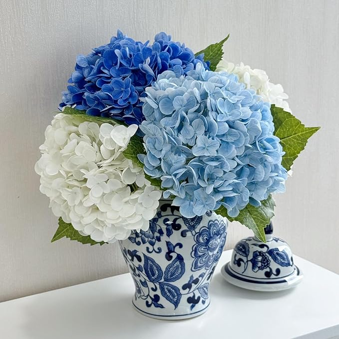 ZYTUYO 4 Pcs Real Touch White/Light Dark Blue Hydrangeas Artificial Flower 21'' Realistic Faux Latex Hydrangeas Flower for Home Decor Kitchen Living Room Spring Table Wedding Xmas Arrangement