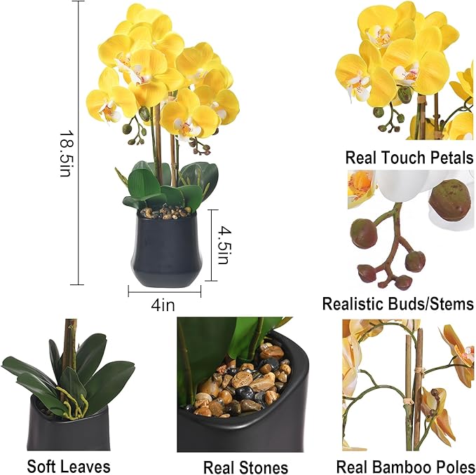 Orchids Artificial Plant in Ceramic Pot 18.5" Faux Orchid Phalaenopsis Flowers Arrangement for Home Office Table Centerpiece Indoor Decor, Yellow