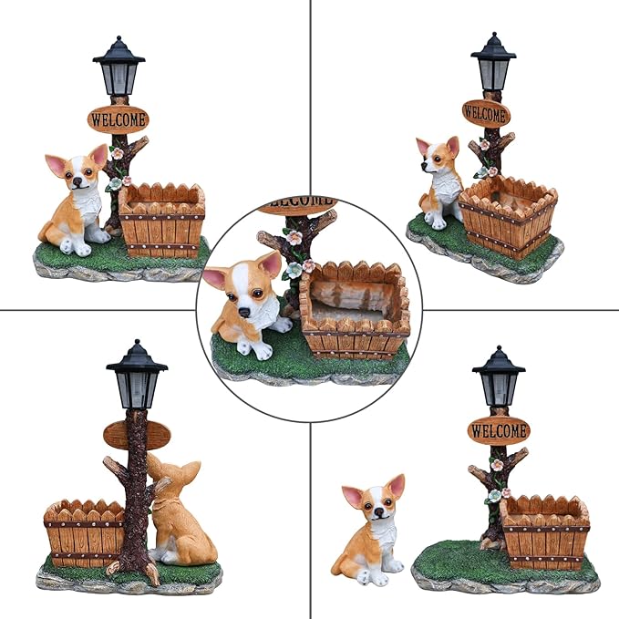 Animal Outdoor Statue Planter Solar Light Welcome Garden Sculpture Resin Flower Pot Decorative Porch Patio Yard Lawn Entryway Figurine with LED Lamp Rustic Plant Holder Ornament Courtyard (H)
