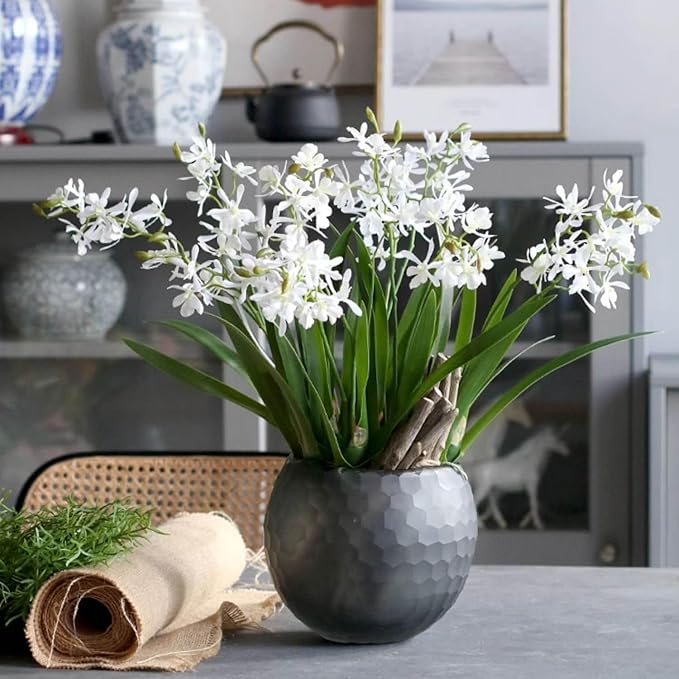 3pcs Artificial Cymbidium Orchid Flowers That Look Real, Faux White Orchid Stems for Vases, Silk Flowers Arrangement for Home Office Farmhouse Indoor Tables Centerpieces Decoration (White)