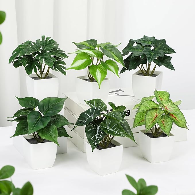 Briful 6PCS Fake Plants Potted Artificial Plants, Mini Faux Plants in White Pots Greenery Décor for Home Office Table Shelf Bathroom Farmhouse Indoor Decoration