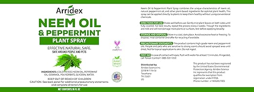Neem Oil Spray for Plants with Peppermint Oil, Natural Neem Oil Spray for Indoor/Outdoor Plants, Suitable for Organic Gardening (16oz, Pet Safe, Non Toxic)