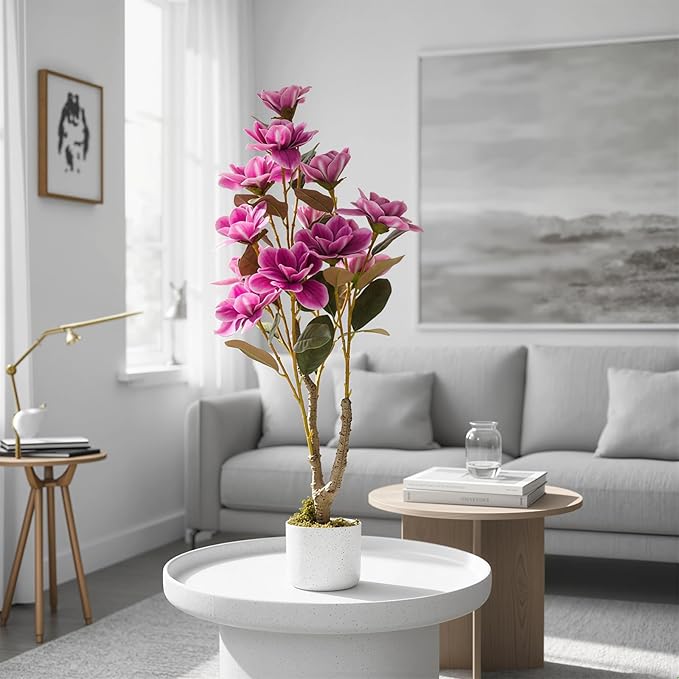 37" Artificial Magnolia Tree 2 Pack, Artificial Realistic Magnolia Grandiflora with White Planter and 12 Lifelike Flowers, 3.1FT Fake Potted Flower Plant for Home Office Decor, Pink