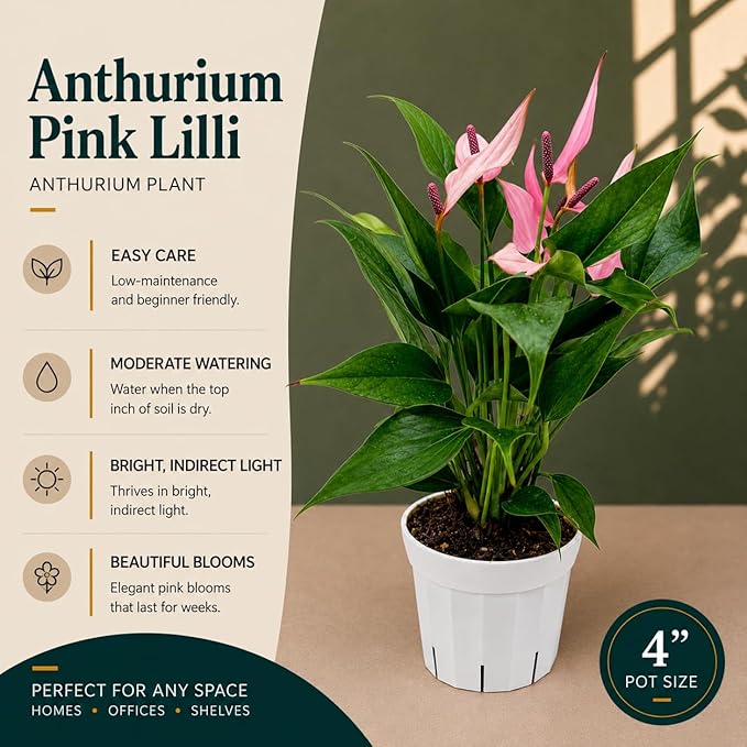 Anthurium Pink Lilli Live Plant, Flowering Indoor Plant, Pink Anthurium Lily Plant, Tropical House Plant Live, Indoor Plants Live Houseplants, Live Plant for Home Decor