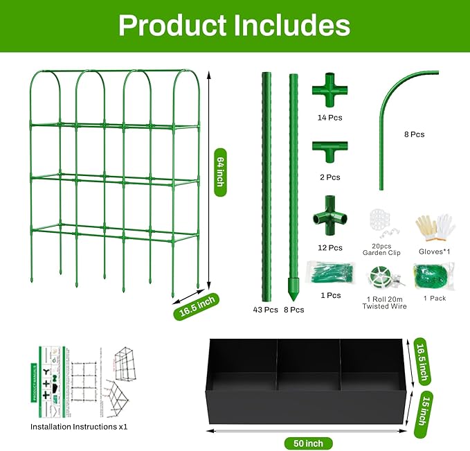 U-Shape Cucumber Trellis with Grow Bag, 64" Tall Metal Garden Trellis for Climbing Plants Outdoor, Reusable Cucumber Trellis for Raised Bed with Garden Netting for Tomatoes, Peas, Plant Vines Support
