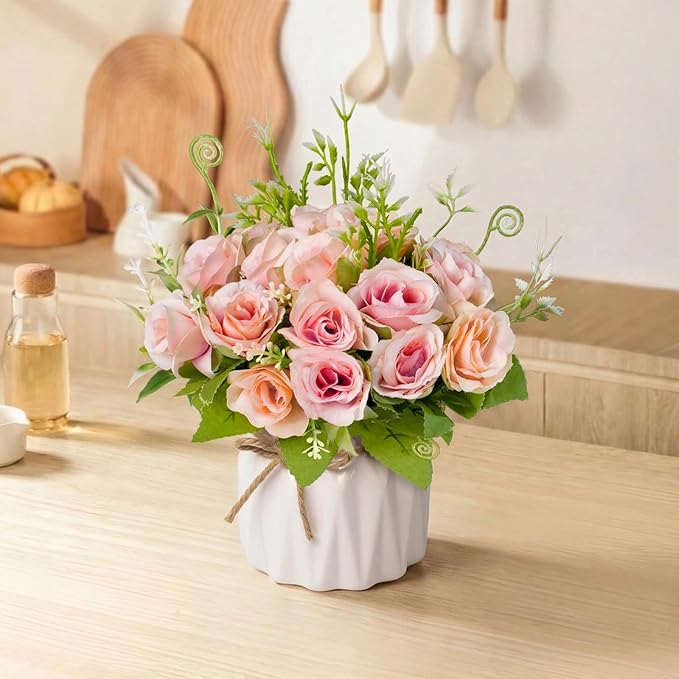 Artificial Flowers Fake Roses and Small CeramicVase,Artificial Plants & Flowers,Desktop Decoration，Suitable for Dining Tables, Living Rooms, bedrooms, Offices, Gifts, Weddings (Pink)
