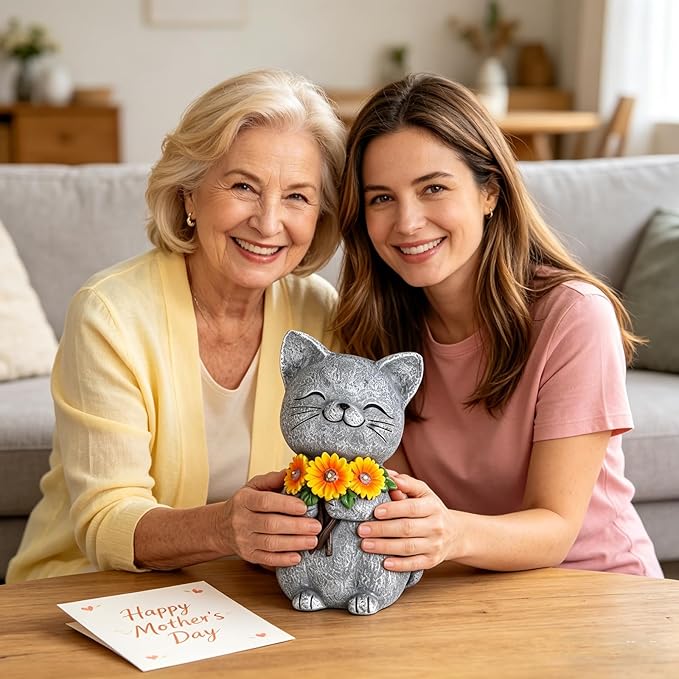 Solar Garden Statues Cat with Daisy and LED Lights Birthday Gifts for Women Mom Grandma Solar Outdoor Cat Decor for Outside,Outdoor Solar Lights for Yard, Garden and Patio, Unique Gift for Women