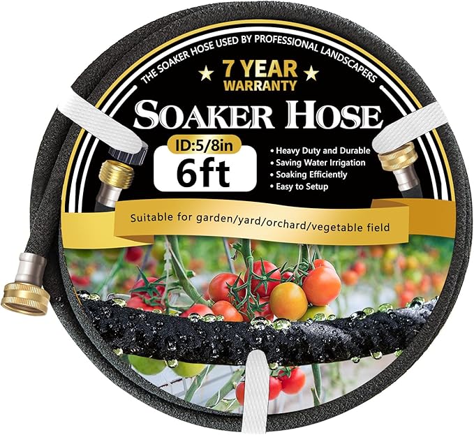 5/8’’ Soaker Hose 6 ft, Heavy Duty Garden Soaker Hoses with Solid Brass Fitting, Rubber Drip Hose for Garden Beds, Vegetable, Lawn, Trees Watering Irrigation （6ft）