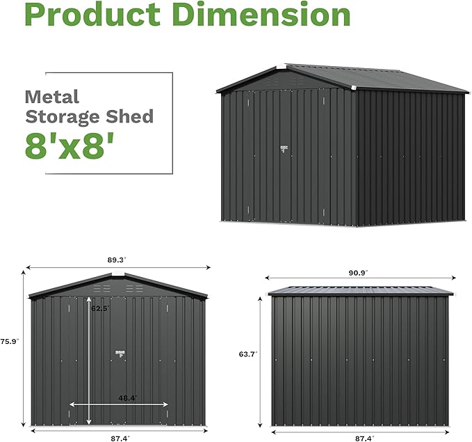 Patiowell 8x8 FT Outdoor Storage Shed, Garden Tool Storage Sheds with Sloping Roof and Double Lockable Door, Outdoor Shed for Backyard Patio Lawn, Black