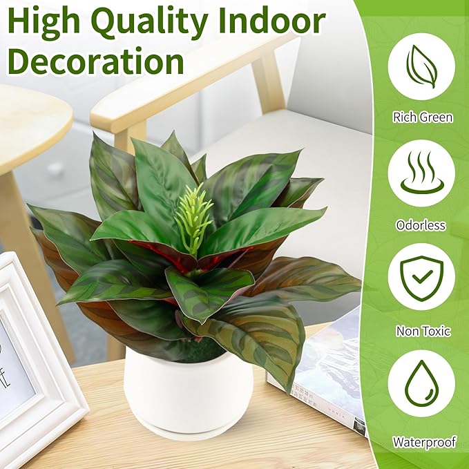 Realistic Artificial Potted Desk Plant Faux Calathea in Ceramic Pot, 8.7" Small Faux Greenery Fake Prayer Plant for Desk, Bathroom, Office, or Home Decor (Evergreen, Maintenance Free)