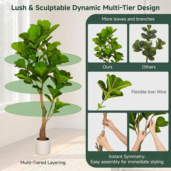 5ft Artificial Fiddle Leaf Fig Tree Tall Large Realistic Fake Ficus Lyrata Plant for Indoor Home Decor Office Living Room Floor Plant Modern Farmhouse Silk Tree 60 Inch Pet Safe Maintenance Free