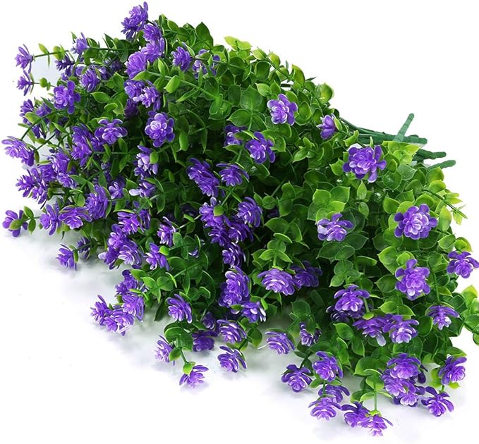 6 Bundles Outdoor Artificial Flowers UV Resistant Fake Boxwood Plants, Faux Plastic Greenery for Indoor Outside Hanging Plants Garden Porch Window Box Home Wedding Farmhouse Decor (Purple)