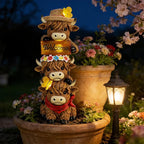 Glintoper Solar Garden Highland Cow Statue, 12" Outdoor Spring Decoration Lighted Triple Stacked Resin Cow Whimsical Yard Art, Birthday Mothers Day Ideal Gifts, for Summer Porch Pathway Patio Lawn
