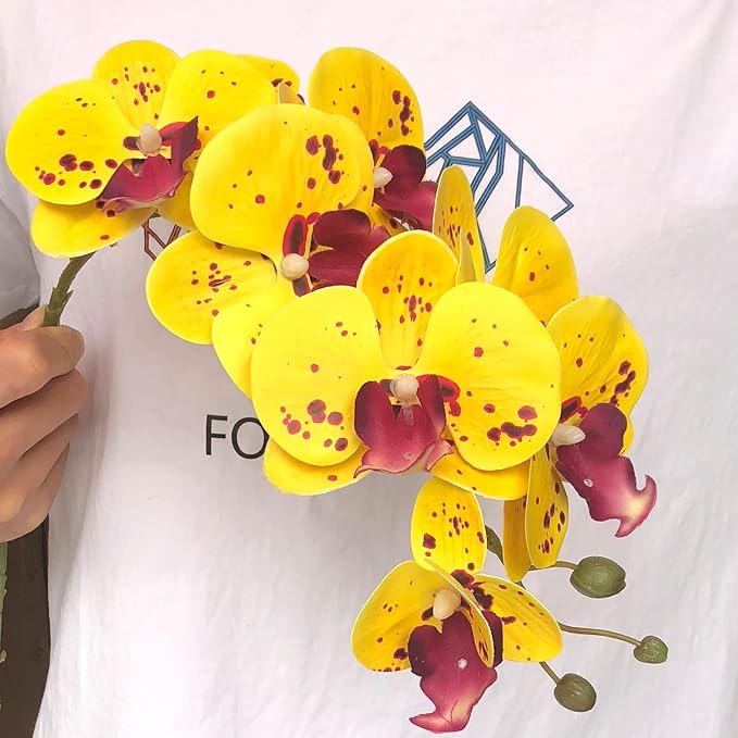 FagusHome 32 Inch Artificial Phalaenopsis Flowers 6 Pcs Artificial Orchid Flowers Stem Plants for Home Décor (Yellow Piebald)