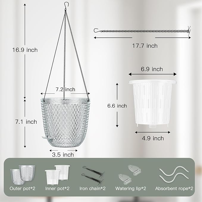 QCQHDU Self Watering Hanging Pots, 2 Pack 7.2 Inch Hanging Planters for Plants Indoor, Flower Pots with Drainage Holes and 3 Hooks Chains for Garden Home (Clear)