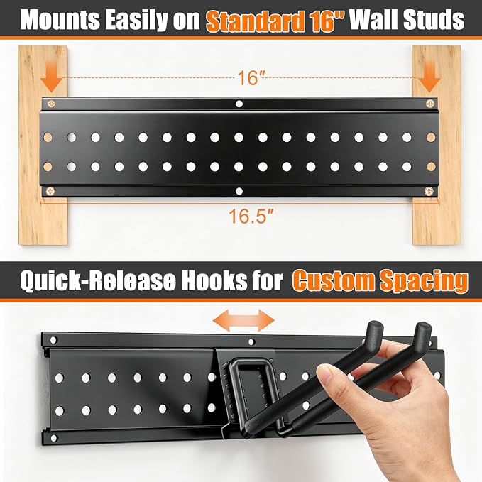 Garage Tool Organizer Wall Mount 49.5 inches with 10 Adjustable Heavy-Duty Hooks, Garage Organization, Garden Tool Storage Rack for Garage, Yard, and Shed, Holds Up to 400 lbs