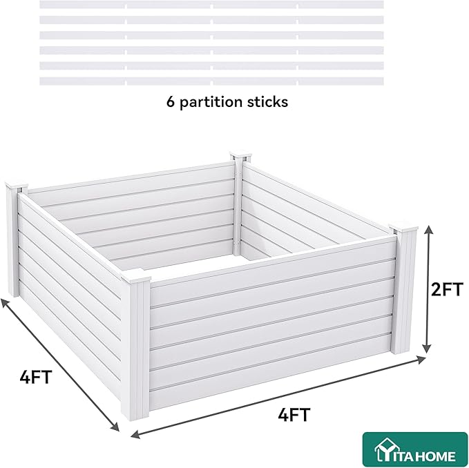 YITAHOME 48x48x24 in Plastic Raised Garden Bed with Growth Grid, Large Outdoor Vinyl Planter Box for Plants, Vegetables, and Flowers, Easy Installation, White