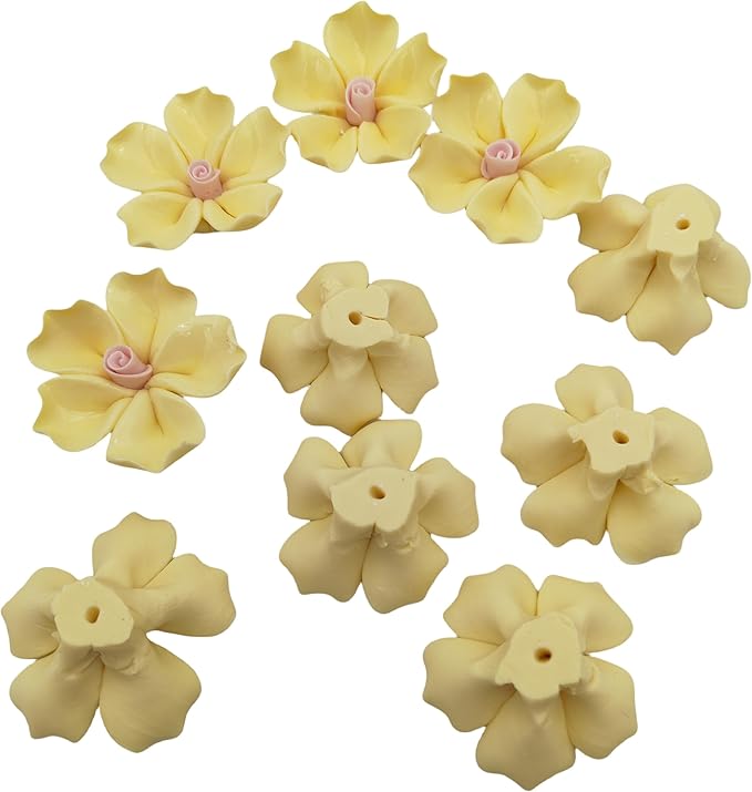 10 PCS 3D Flower Ceramic Tiles,1.6" Handmade Procelain Ceramic Flowers for Artwork,Fish Tank,Vases,Living Room, Dining Table,Office, Home Floral Decor (Single-Flowered Light Yellow)