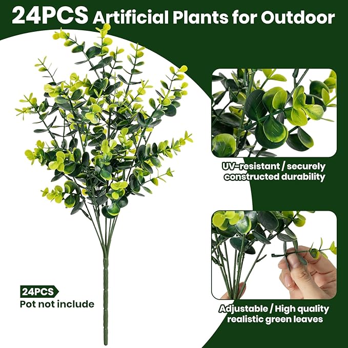 17 Inch Artificial Plants Outdoor Faux Shrubs Eucalyptus Boxwood Grass UV Resistant Fake Plant Greenery Decor for Indoor Window Garden Patio Pathway Front Porch Home Decor（24 Bundles,Green）