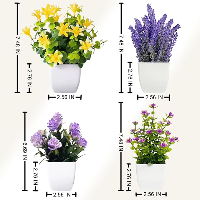 SZC&MFZ Mini Artificial Potted Flowers with Fake Plants, 4 PCS Faux Potted Plants for Room,Home, Bathroom, Bedroom, Living Room, Kitchen and Office Decoration.