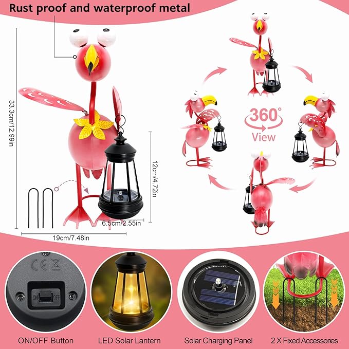 Solar Garden Lights Flamingo Statue with Solar Lantern, Flamingo Decor Fairy Accessories, Mothers Day Birthday Gifts for Women Mom Grandma, Big Metal Decorative Stakes for Home Patio Porch Yard Art