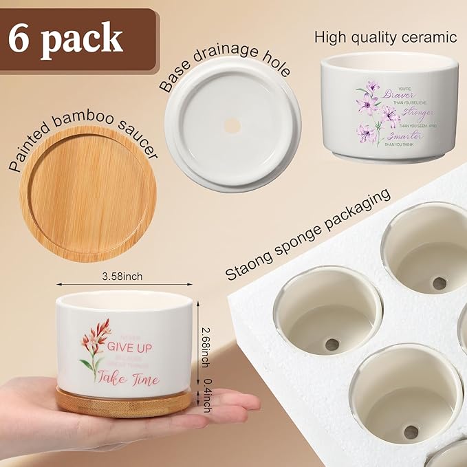 Funnymoom 6 Pcs Inspirational Succulent Pot Bulk Teacher Appreciation Gift Floral Ceramic Planter with Bamboo Tray Thank You Gifts for Volunteer Coworker Employee Office, Plant Excluded (Classic)