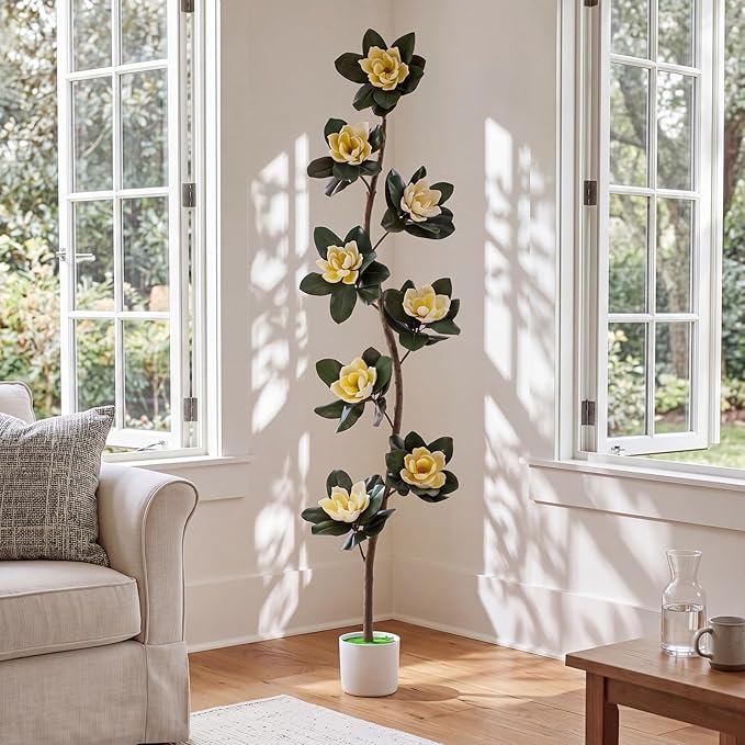 Jexine 6 ft Artificial Rubber Tree with 8 Magnolia Flowers in Pot Extra Tall Faux Magnolia Tree Fake Plant Indoor Floor Plant for Indoor Living Room Office Home Decor