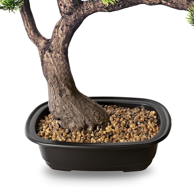 Faux Bonsai Tree 15 Inch Tall, Artificial Potted Pine Juniper Plant - Realistic Greenery Indoor Decor for Home, Office, Desk, Tabletop