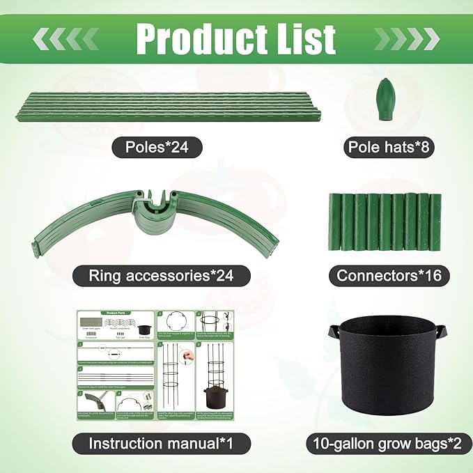 2 Sets Tomato Cages with 10-Gallon Sturdy Grow Bags, 48.5" Planter Support Trellis Pots Kit for Garden, Flowers Vegetable Cages for Cucumbers Eggplants Vertical Climbing Plants Vines