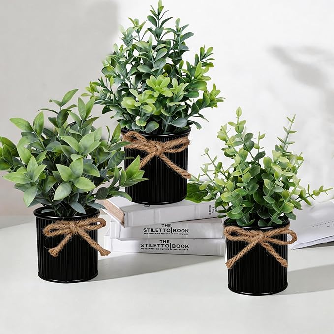 4 Potted Artificial Plants Metal Fake Potted Plant with Iron Pot Mini Greenery Decor Small Faux Plants for Indoor Farmhouse Home Porch Garden Bathroom Room Décor Black