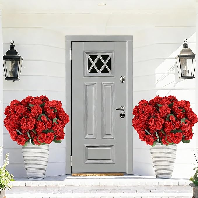 26Pcs Geranium Artificial Flowers for Outdoors Decoration Geranium Silk Flowers Outsides UV Resistant Garden Plants Faux Flower for Front Door Garden Porch Planter Patio Balcony Yard Indoor Home (Red)
