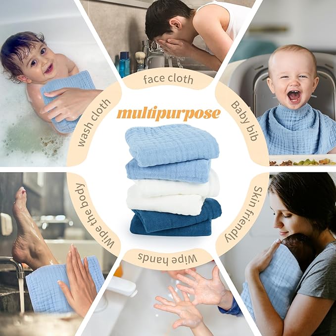 MIGIOL Baby Burp Cloths 100% Cotton Newborn Muslin Burp Cloths 10x20 inches Baby Essentials (6, White & Blue)